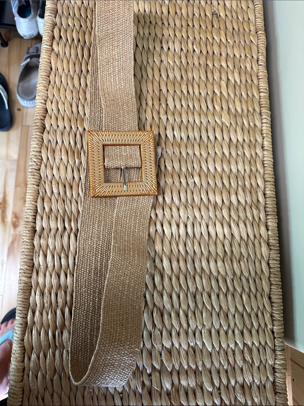 Wide Woven Tan Belt with Textured Square Buckle - NWOT
